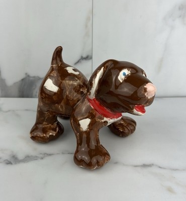 Handmade Brown Puppy Dog With Name  Max  on Collar Figurine Ceramic Pottery 6 