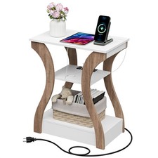 End Table with Charger Station 3-Tier Storage Shelves for Small Spaces White
