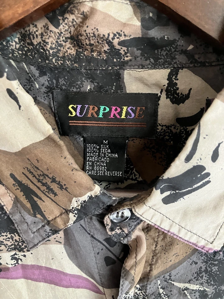 Camisa Vintage M Estampada 100% Seda - Abstracta, Posmoderna, Patrón Años 90 Foto 4 de 4