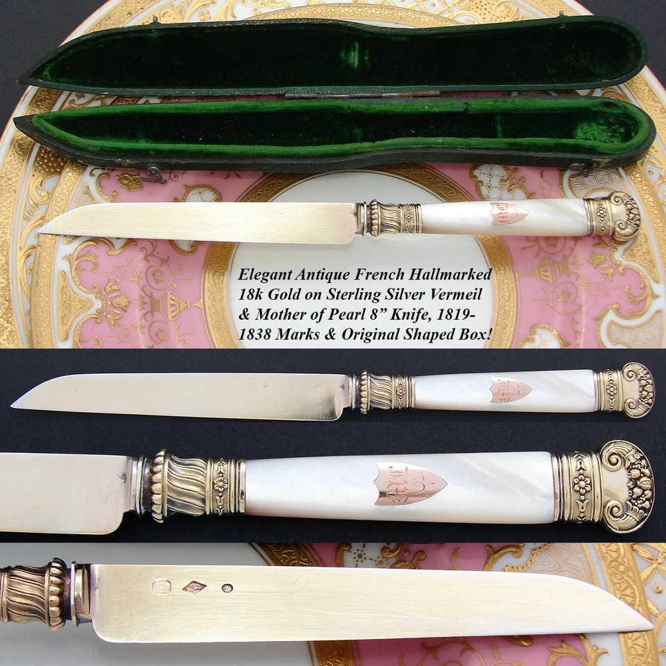Antiguo cuchillo francés de plata de ley vermeil y madreperla, caja o estuche original Foto 2 de 4