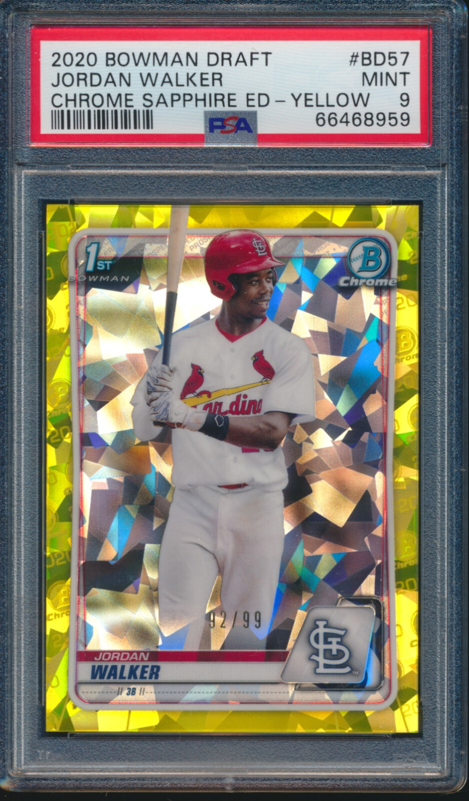 PSA 9 JORDAN WALKER 2020 Bowman Chrome SAPPHIRE YELLOW REFRACTOR #/99 RC MINT