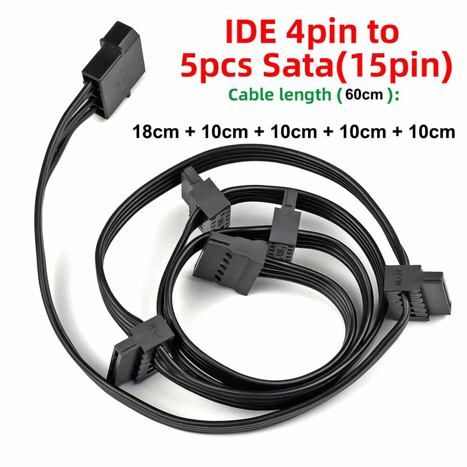 2x 4-Pin IDE Molex Male to 5 SATA 15-Pin Serial ATA Power Splitter Adapter Cable - Image 2 of 4