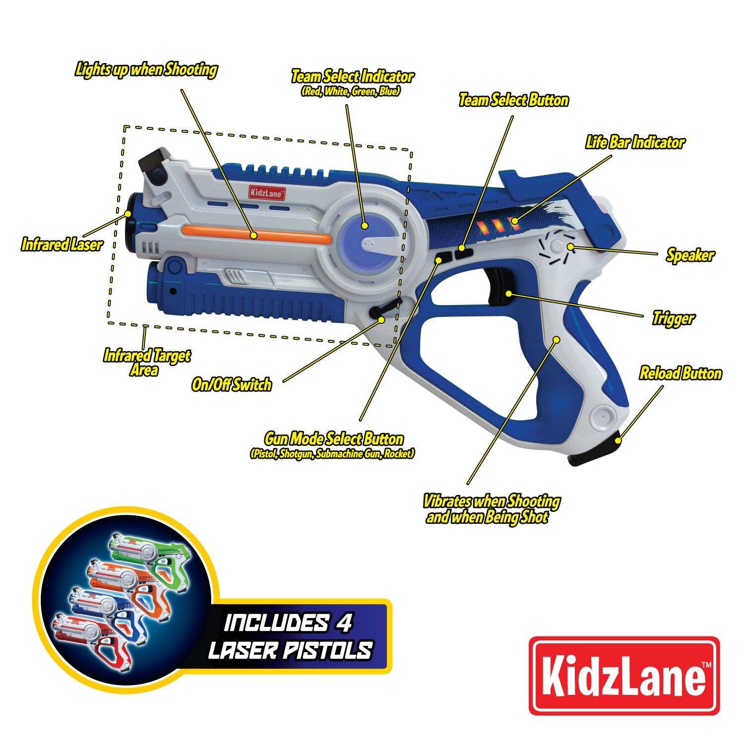 Kidzlane Laser Tag Guns Set of 4 Lazer Tag Guns for Kids with 4 Team