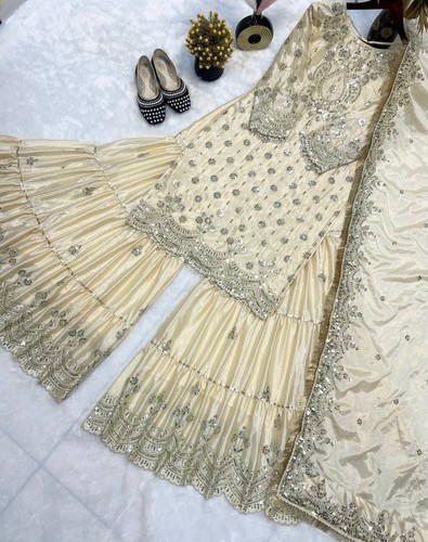 Traditional Heavy Chinnon Top And Sharara With Dupatta For Wedding Wear - Picture 11 of 11