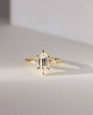 1.80 CT Step Cut Dutch Marquise Moissanite Three Stone Engagement Ring In Gold.