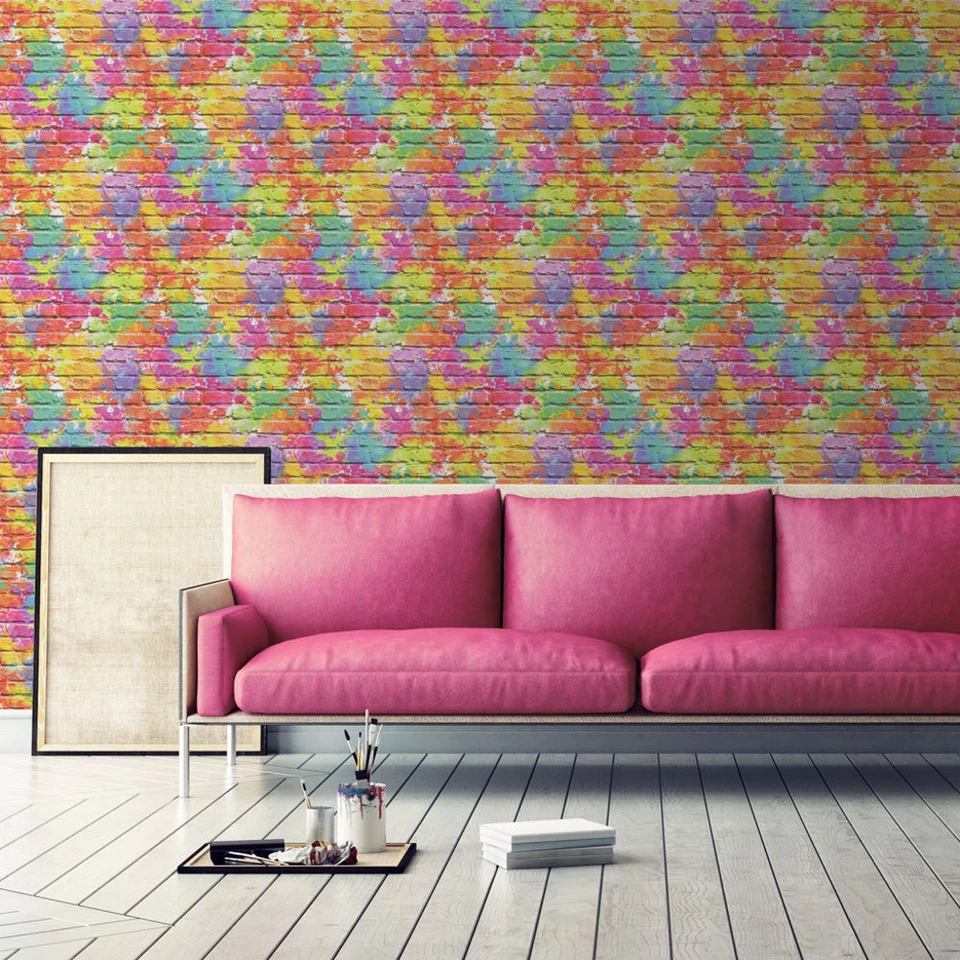 Papel Pintado Muriva Ladrillo Pintado Pared Colorido Pintura Salpicaduras Multi L33505 Foto 2 de 2