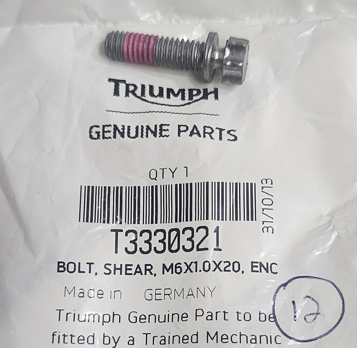 1 NEW Genuine TRIUMPH Motorcycle Factory M6X1.0X20 Shear Bolt Part