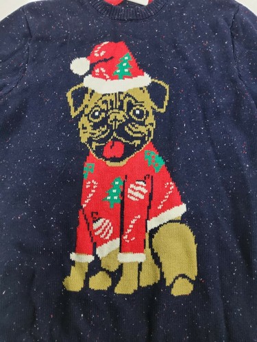 P.S. By Aeropostale Santa Pug Dog Christmas Sweater Navy Size 14 - Picture 2 of 3
