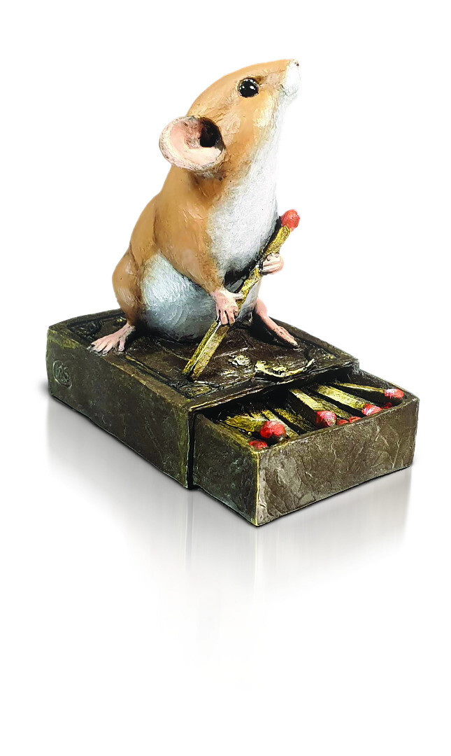 Cold Cast Bronze Mouse sitting on Matchbox - Hand Painted by Michael Simpson