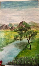 Оригінальна картина акрилом оргаліт 8х10 дюймів Пейзаж гори ріка поле