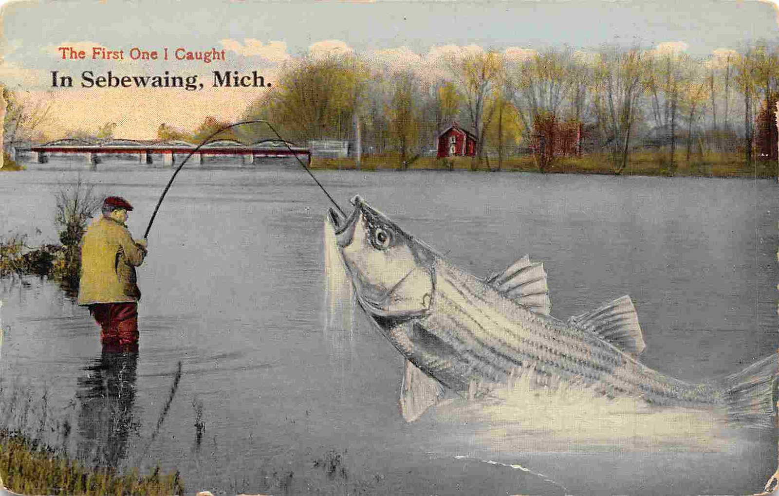 Exaggerated Fish Fishing First One I Caught Sebewaing Michigan 1918