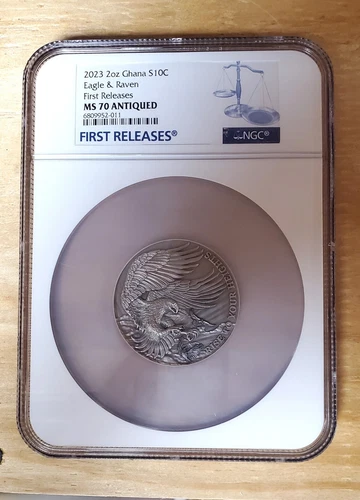 2023 Republic of Ghana 2oz Silver Eagle and Raven NGC FR MS70 Antiqued