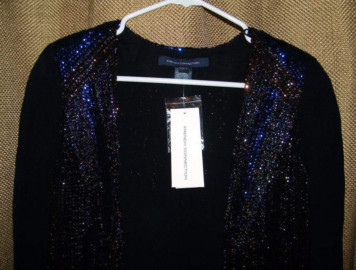 NWT French Connection Deco Sequin Crepe Open Blazer Jacket Black Blue Size 2