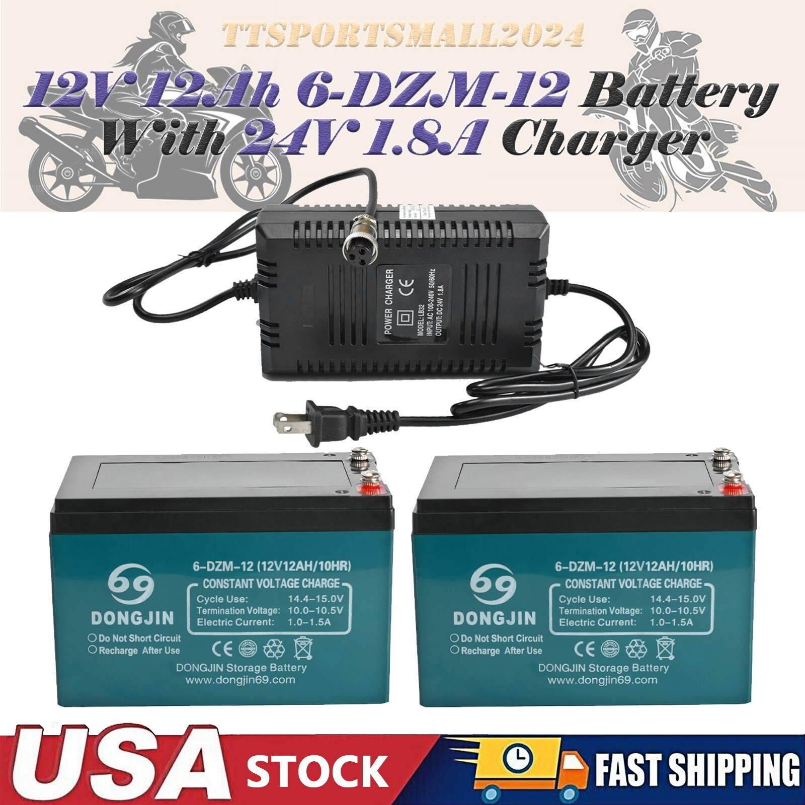 2PCS 12V 12Ah 6-DZM-12 Battery & 24V 1.8A Charger For Electric Scooter Razor ATV