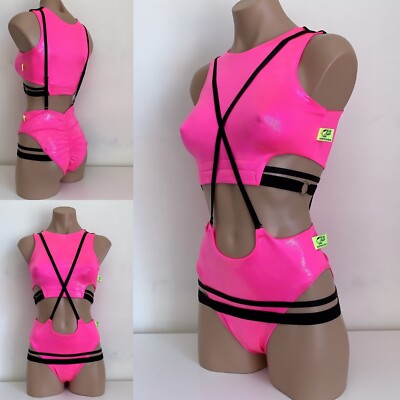 Schminke   pleasure suit Pole dance wear set wet look top bottoms straps neon