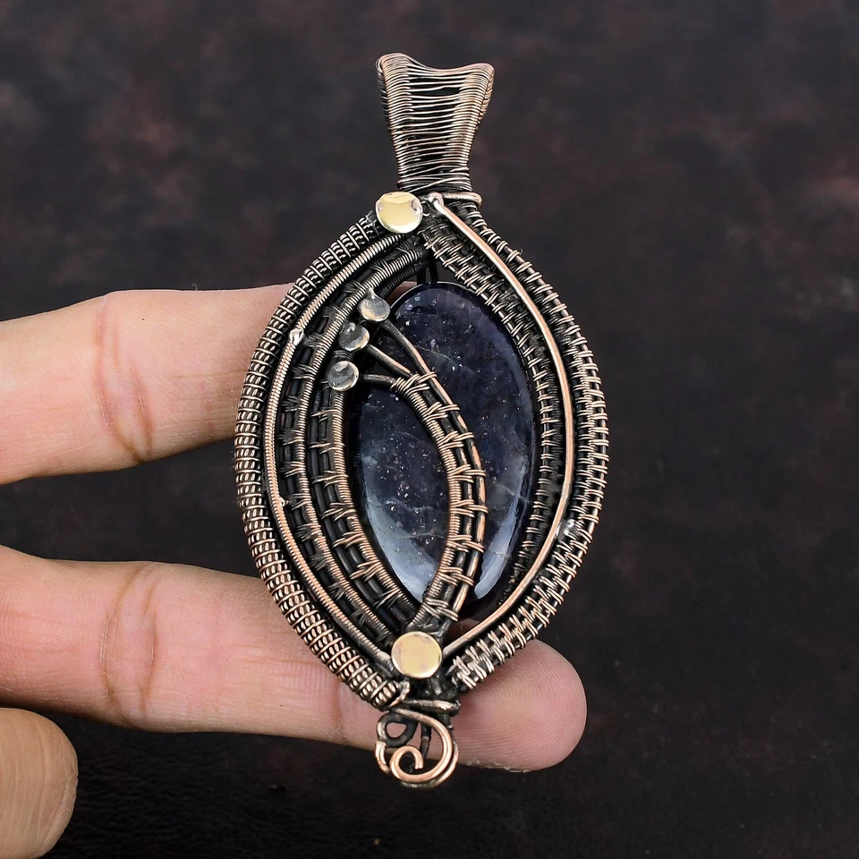 Colgante envuelto en alambre de piedra solar de iolita hecho a mano cobre regalo joyería 3,94" Foto 3 de 4