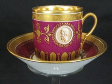 Antique Empire French Cameo Coffee Can/Cup  Saucer Gilt Burgandy Sevres Style 