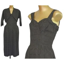 Vintage 50s Cocktail Dress and Bolero Jacket, Two Piece Set, LBD, Size S Small