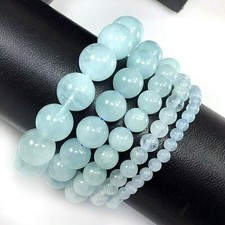 Handmade Blue Aquamarine Stretch Gemstone Bracelet Round Bead 4 6 8 10 12mm 7.5"
