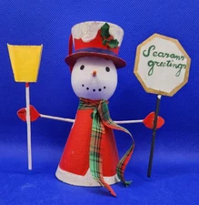 Vintage Christmas Snowman Metal Hand Painted Ornament with Wooden Head