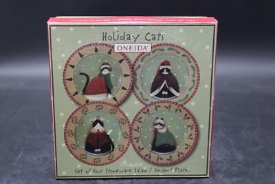 Christmas Cat Dessert Salad 4 Plates NIB Stoneware Holiday Winter