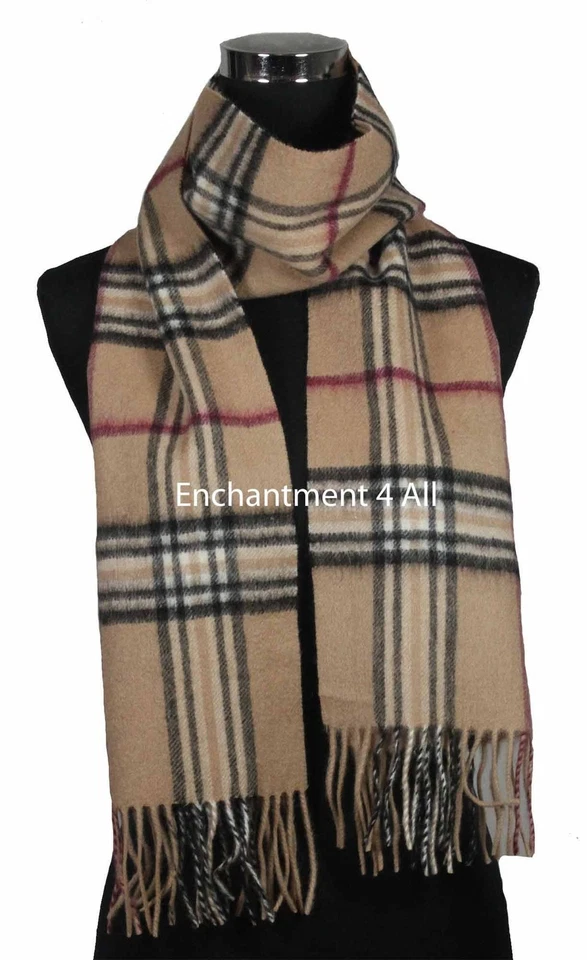 Hecho a mano 70"x11" clásico TARTÁN cuadros 100% 2 capas cachemir bufanda silenciador, beige Foto 4 de 4