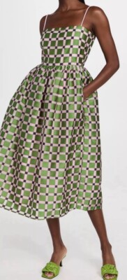 Stine Goya Gingham Checkered Anny Midi Dress Sleeveless Sz L Green Pink Organza