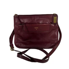 Fossil Preston Pebbled Leather Wine Red Large Crossbody Bag Zipper Purse