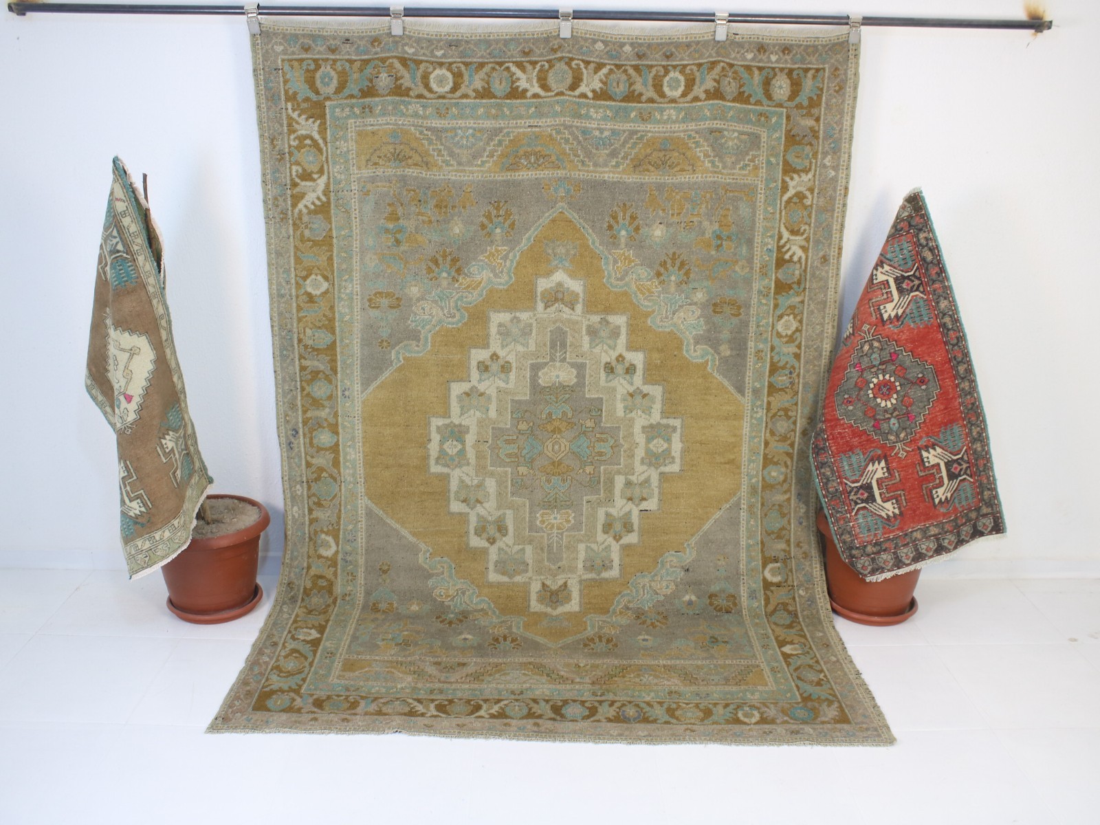 6x8 Turkish Handmade Rug Orange Blue Geometric 5.8x8.0 ft