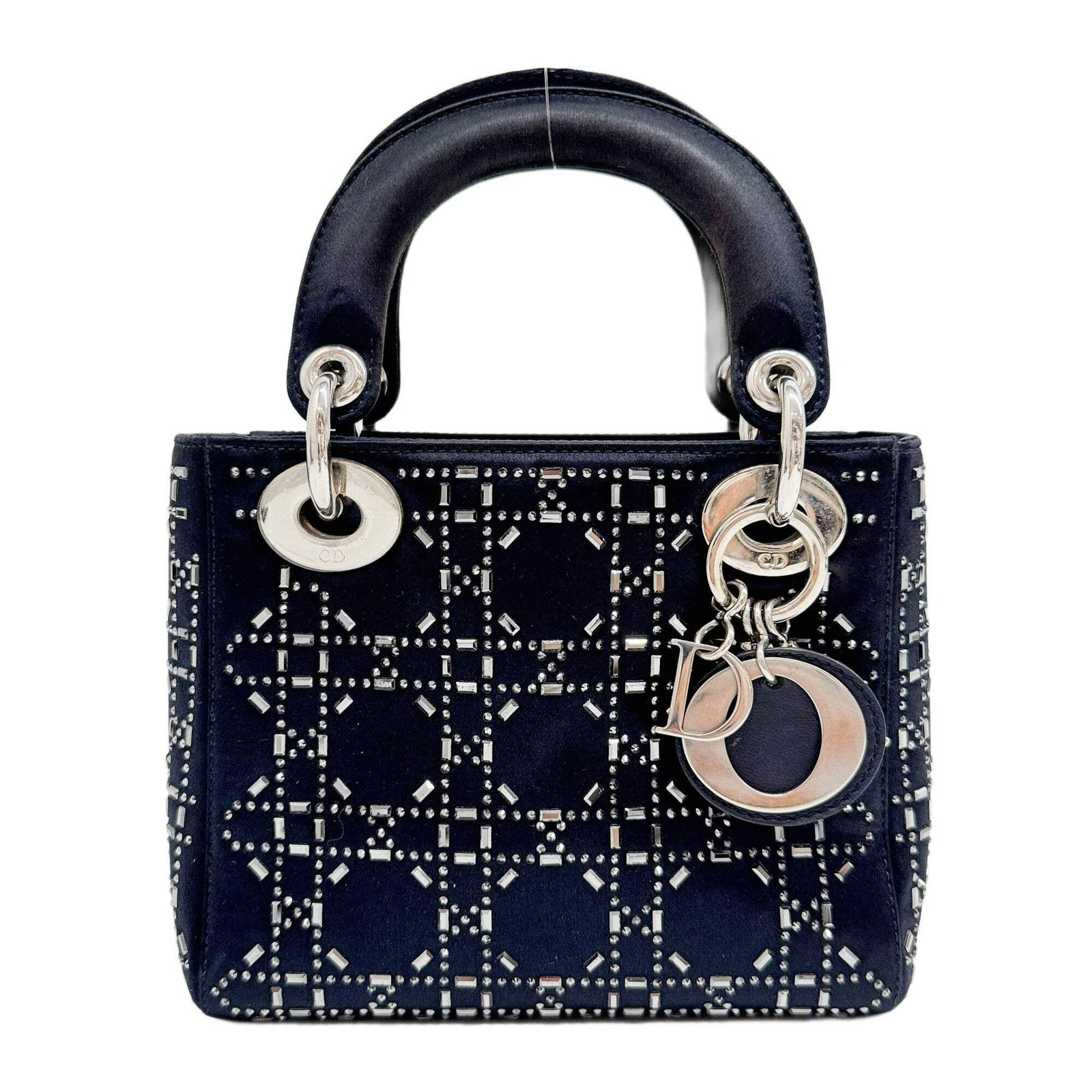 Dior — DIOR Mini Lady Rhinestone Embedded Dior Black Satin Two Way Bag