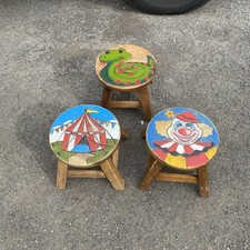 3 Childrens Wooden Stools, Hand carved with painted Clown, Snake, Circus Tent