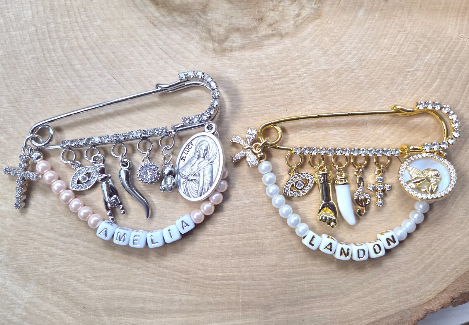 Pin Beby Personalized Baby Pin, Crystal Pin, Gold & Silver Charms, Baby's Name ...