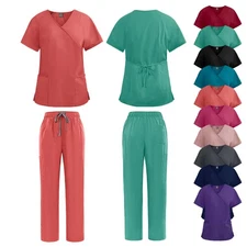 New Women Hospital Uniforms Medical Scrub Set Strap-Up-Waist Tops Straight Pants