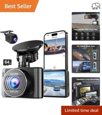 Full HD 4K/1080p Dash Cam with 5G WiFi  64GB SD Card - Front  Rear Vision