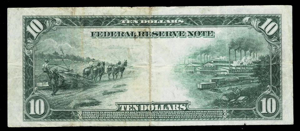 1914 $10 Federal Reserve Large Size Note ~BOSTON~VERY FINE - Image 2 of 2