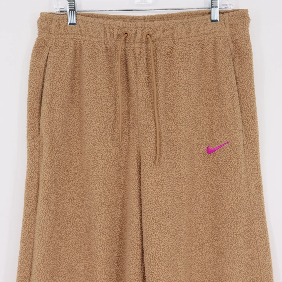 Nike Sportswear Women's Fleece Wide Leg Pants Size L Tan Teddy Logo DV4361-258 - Image 2 of 4