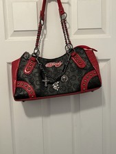 Ed Hardy Black Red Tote, Chain Charm, Studded, Croc Look, Embossed Skulls
