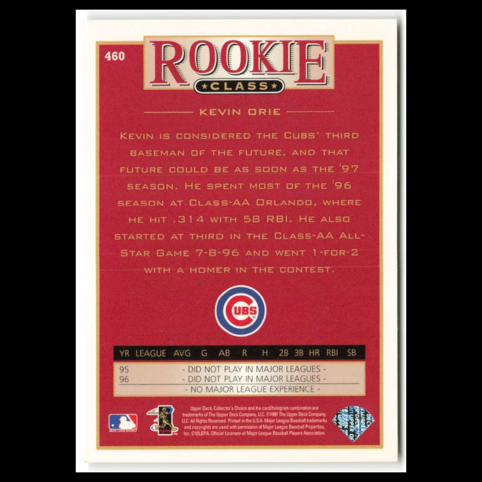 Kevin Orie Rookie #460 1997 Collectors Choice Chicago Cubs Baseball Card MLB NM - Image 2 of 3