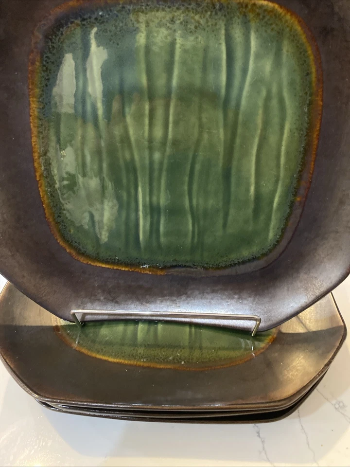 Mystic Passage Home Collection Square Plates Set of 4 Green Jade Stoneware - Image 3 of 4