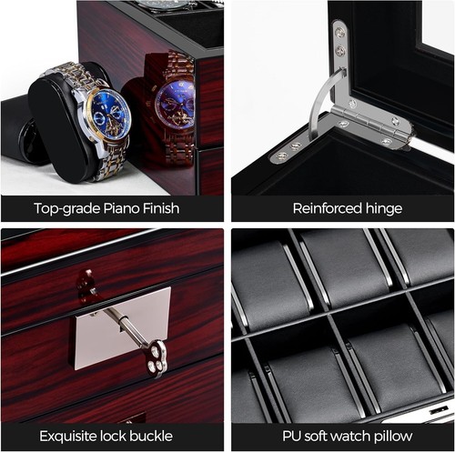 20 Slot Luxury Watch Box with Large Glass Lid & Lockable Design for Men & Women - Picture 6 of 11