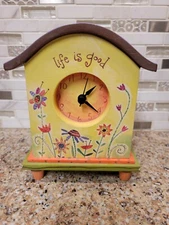 Life Is Good Mantle Shelf Clock Wood/Painted Floral Spring/Yellow 6" X 4.5"