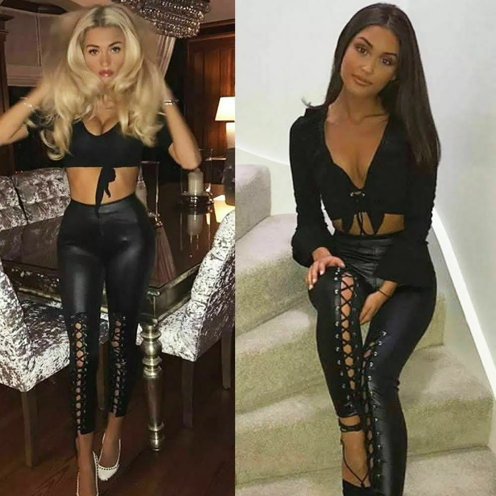 Ladies Womens High Waisted Lace Up Front PVC Leather Wet Look Leggings Pants