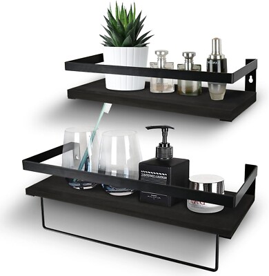 Y&me Ym Black Bathroom Floating Shelves For Wall Storage With Towel Rack Stylish