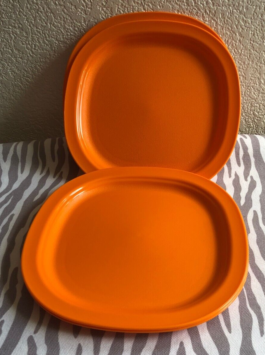 Tupperware Small Luncheon Plates Square Set Of Four 7 3/4” Orange New