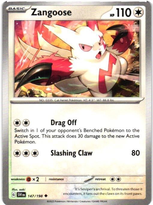 2023 POKEMON TCG SCARLET & VIOLET ZANGOOSE 147/198 COMMON CARD | eBay