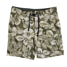 LL Bean Swim Trunks Mens 32 Shorts Green Floral Tropical Mesh Lined Vintage
