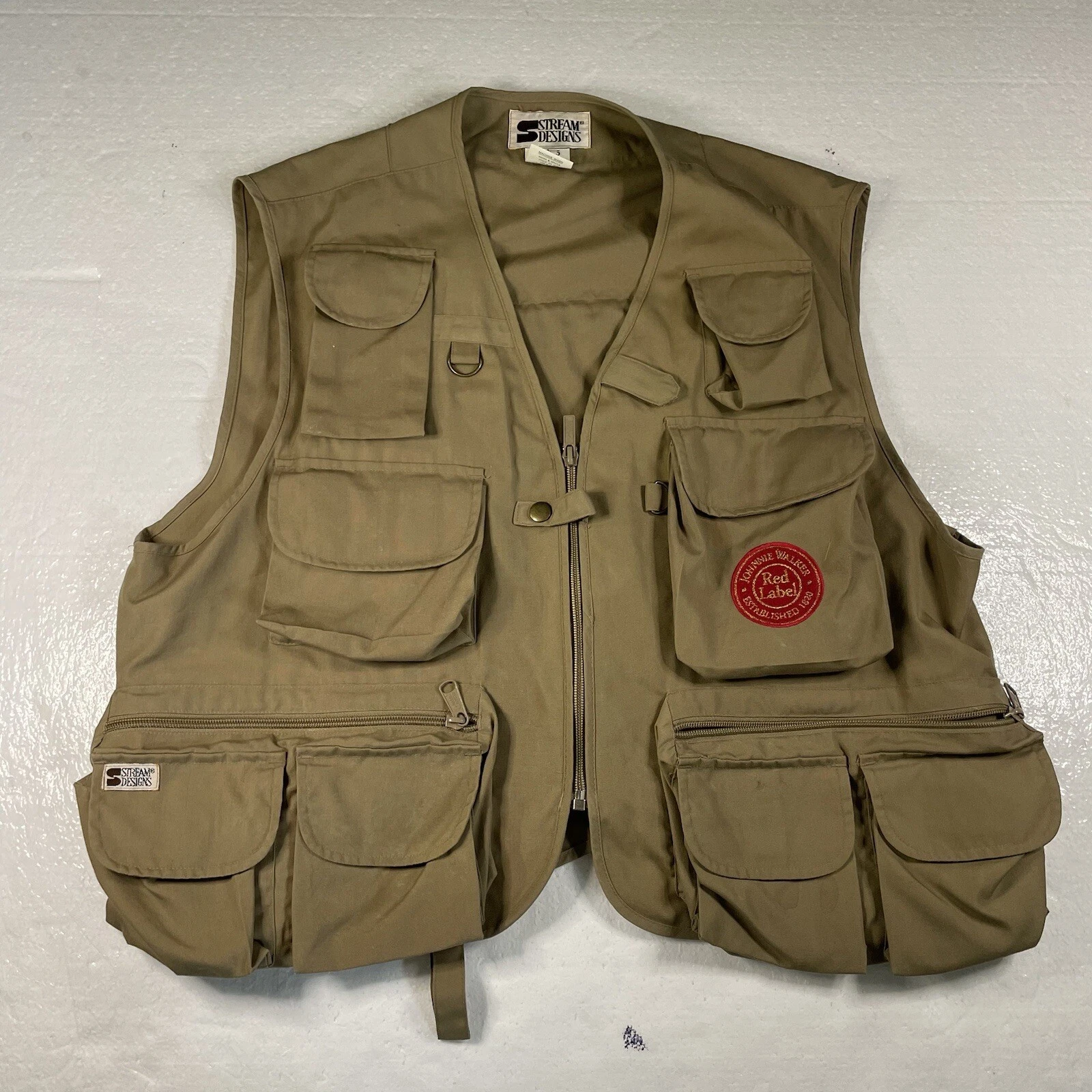 Stream Designs Fishing Vest Men L Fly Fishing Red Label Patch Johnnie Walker