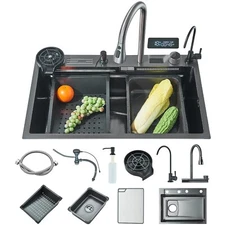30X18 INCH Two Waterfall Smart Kitchen Sink with Digital Display Pull-Out Faucet