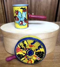Lot of 2 Vintage Tin Noisemakers by Life of the Party Products - Clown & Dancing