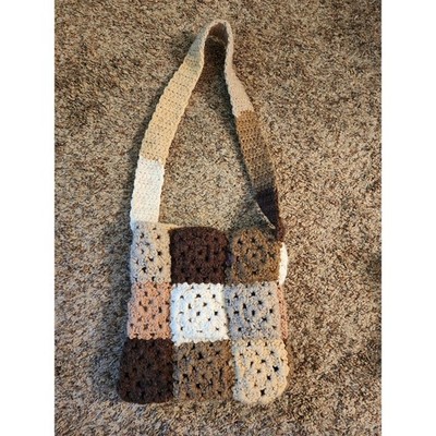 Handmade Crochet Granny Square Bag Neutral Boho Small Shoulder Tote Brown Cream